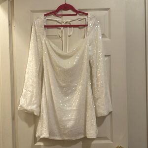 White, Sequin, Backless, Cowl Neck, Bachelorette Dress from Beginning Boutique!